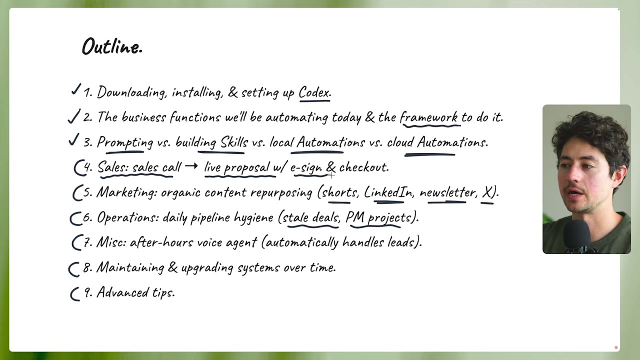 Course outline slide listing the 9 sections