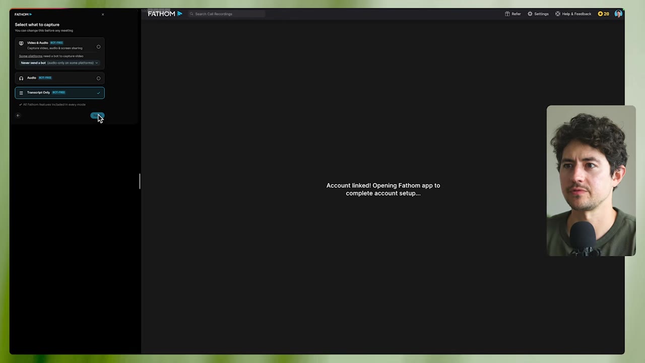 Fathom capture setup, account linked