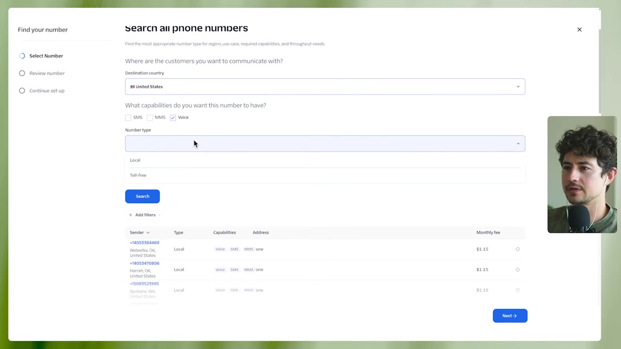 Twilio buy-number page