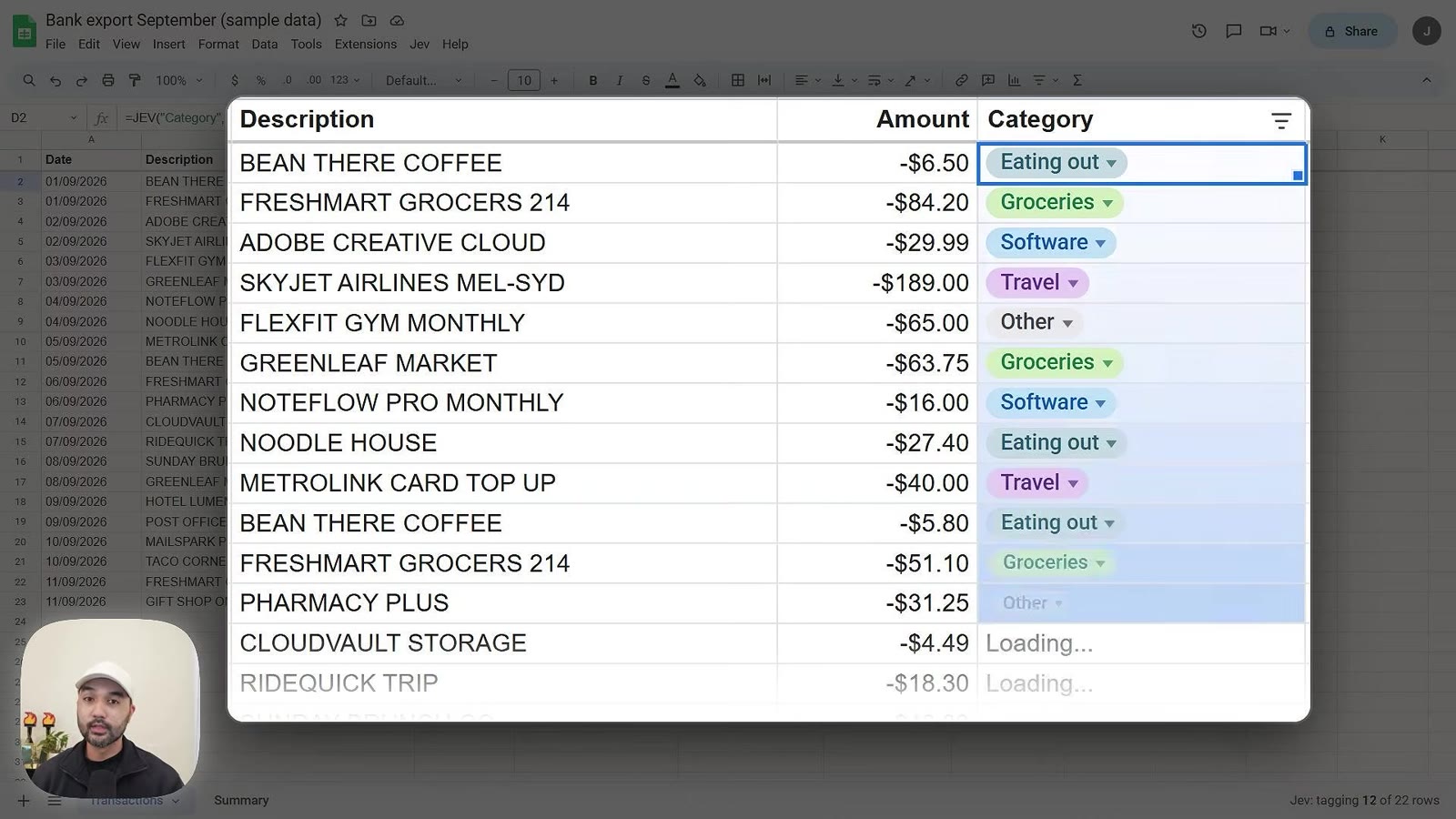A bank export in Google Sheets with a Category column filled in by Jev
