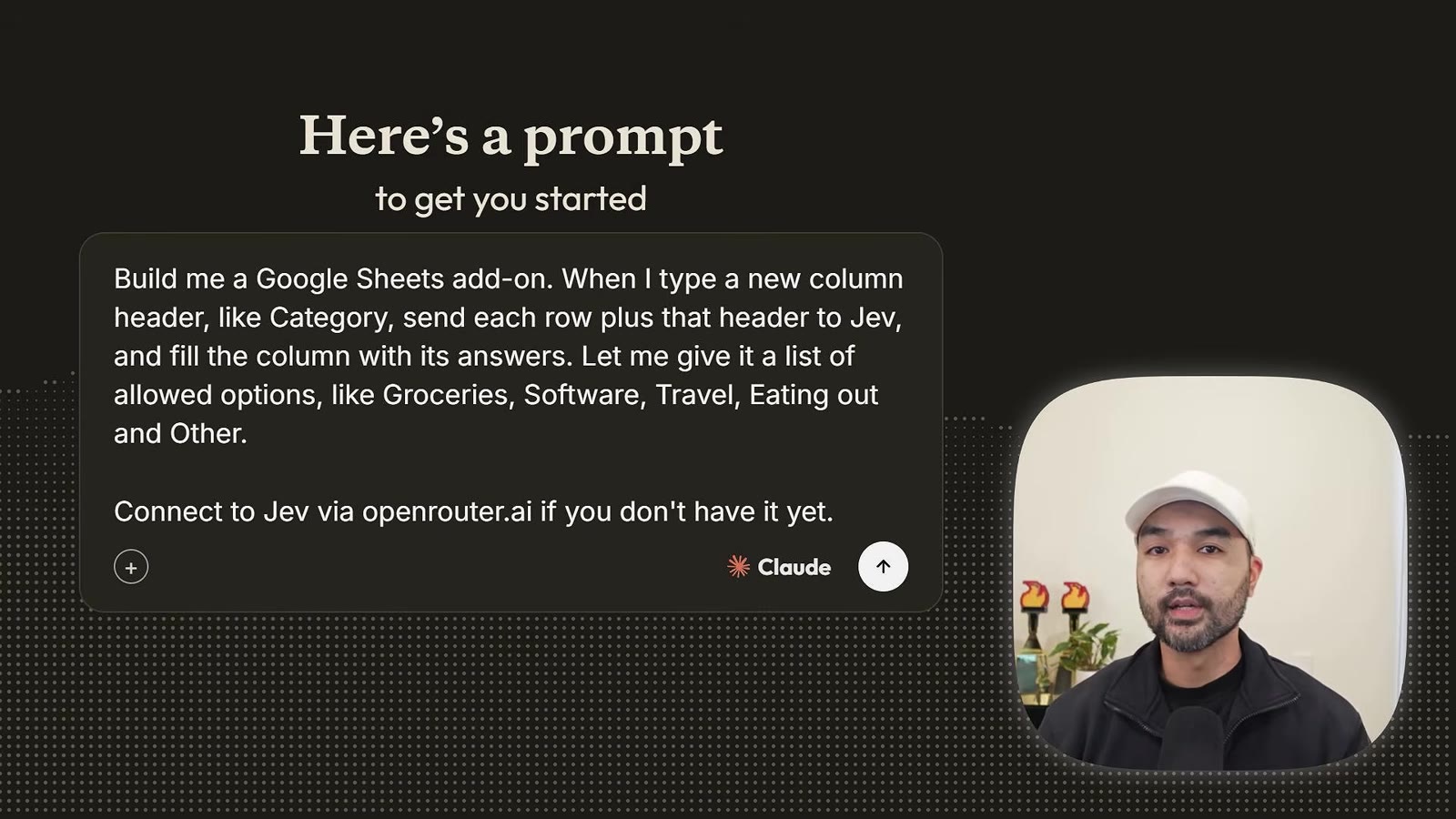 Prompt card: Build me a Google Sheets add-on