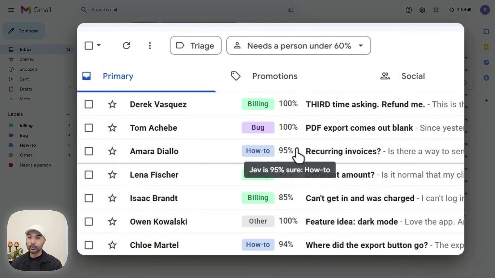 A Gmail-style inbox where each message carries a Jev label such as Billing, Bug or How-to and a confidence percentage