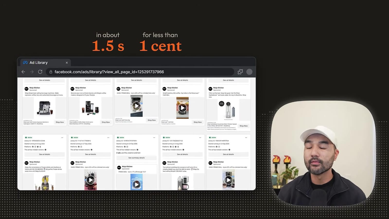 The Meta Ad Library page with the result in about 1.5 s for less than 1 cent