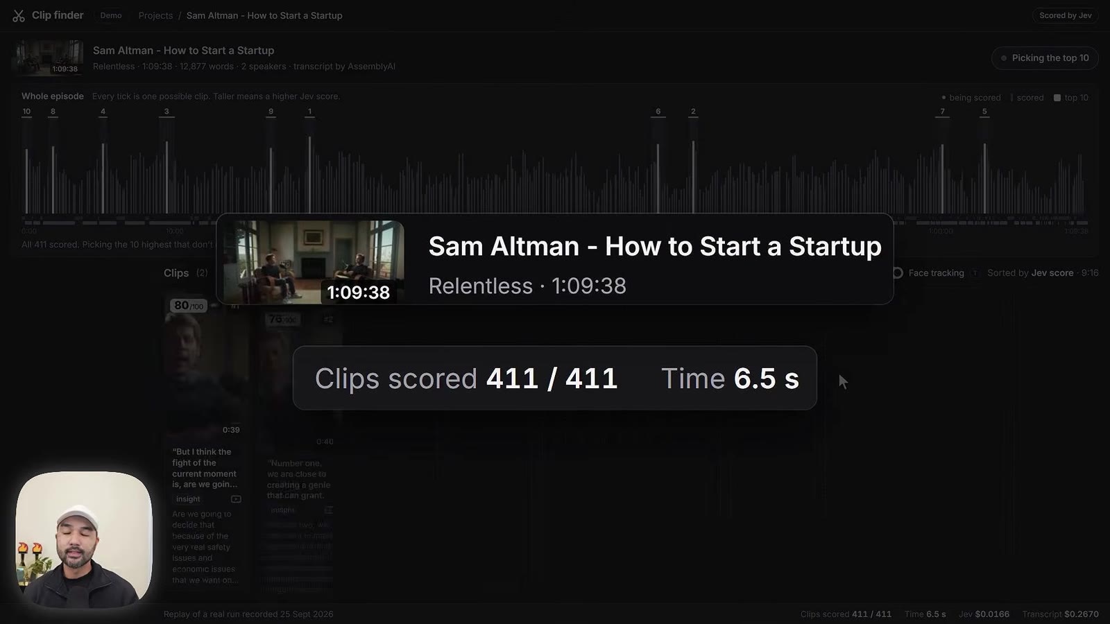 Clip finder progress for Sam Altman, How to Start a Startup: Clips scored 411 / 411, Time 6.5 s