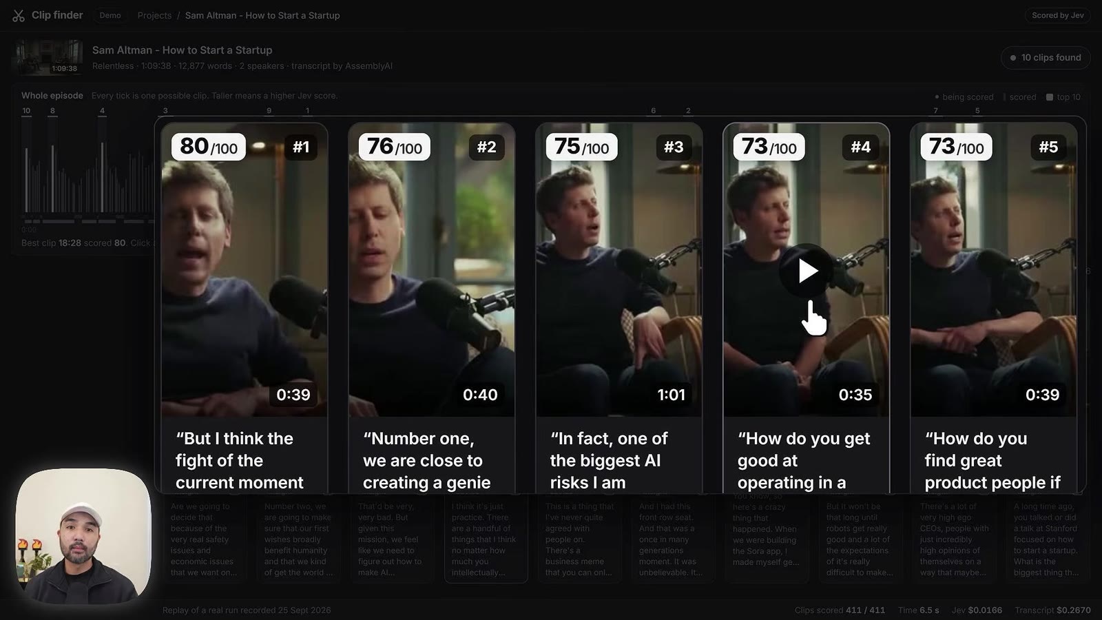 A row of top clips with scores such as 80/100, 76/100 and 75/100