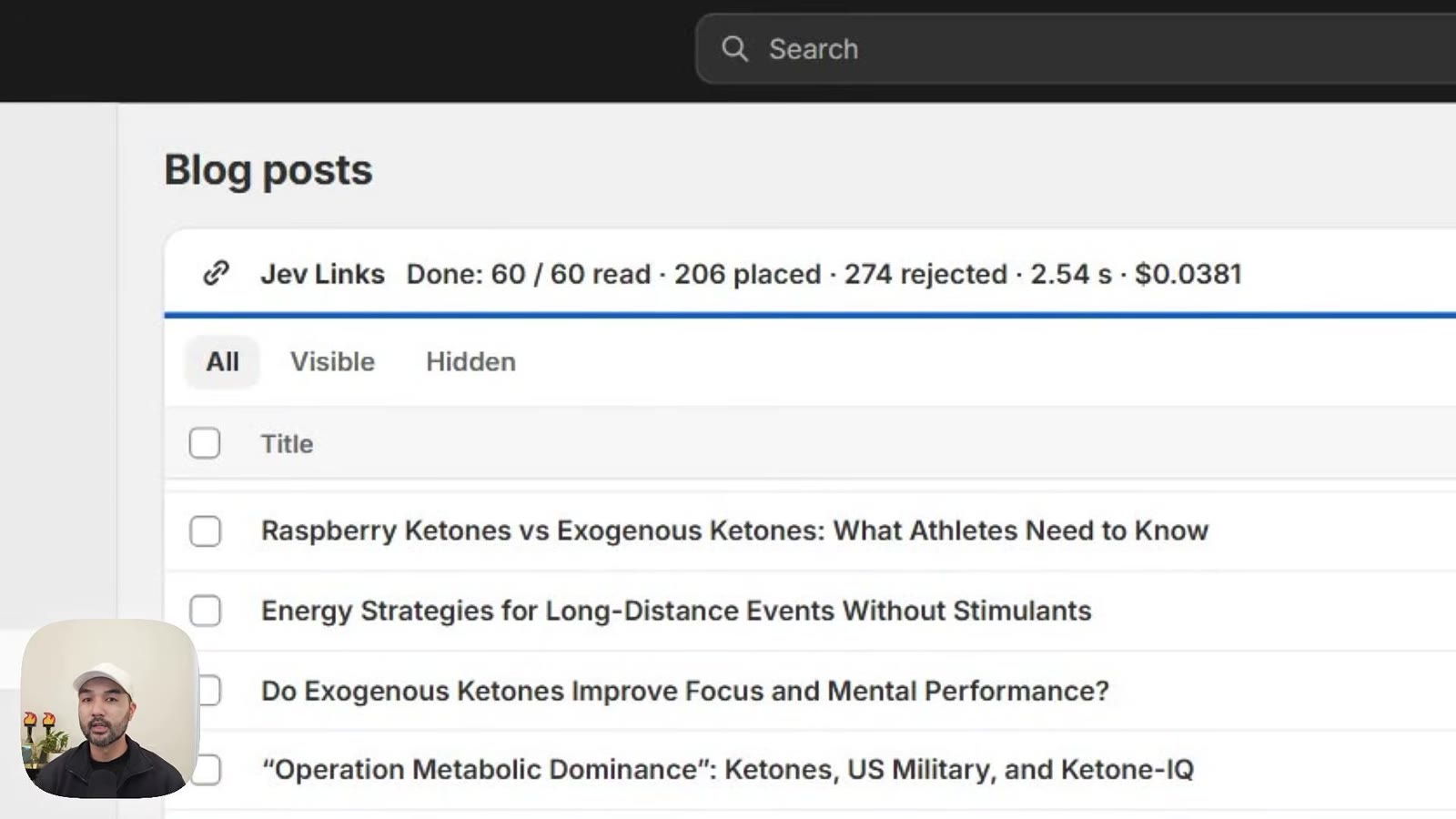 Jev Links panel reading Done: 60 / 60 read, 206 placed, 274 rejected, 2.54 s, $0.0381