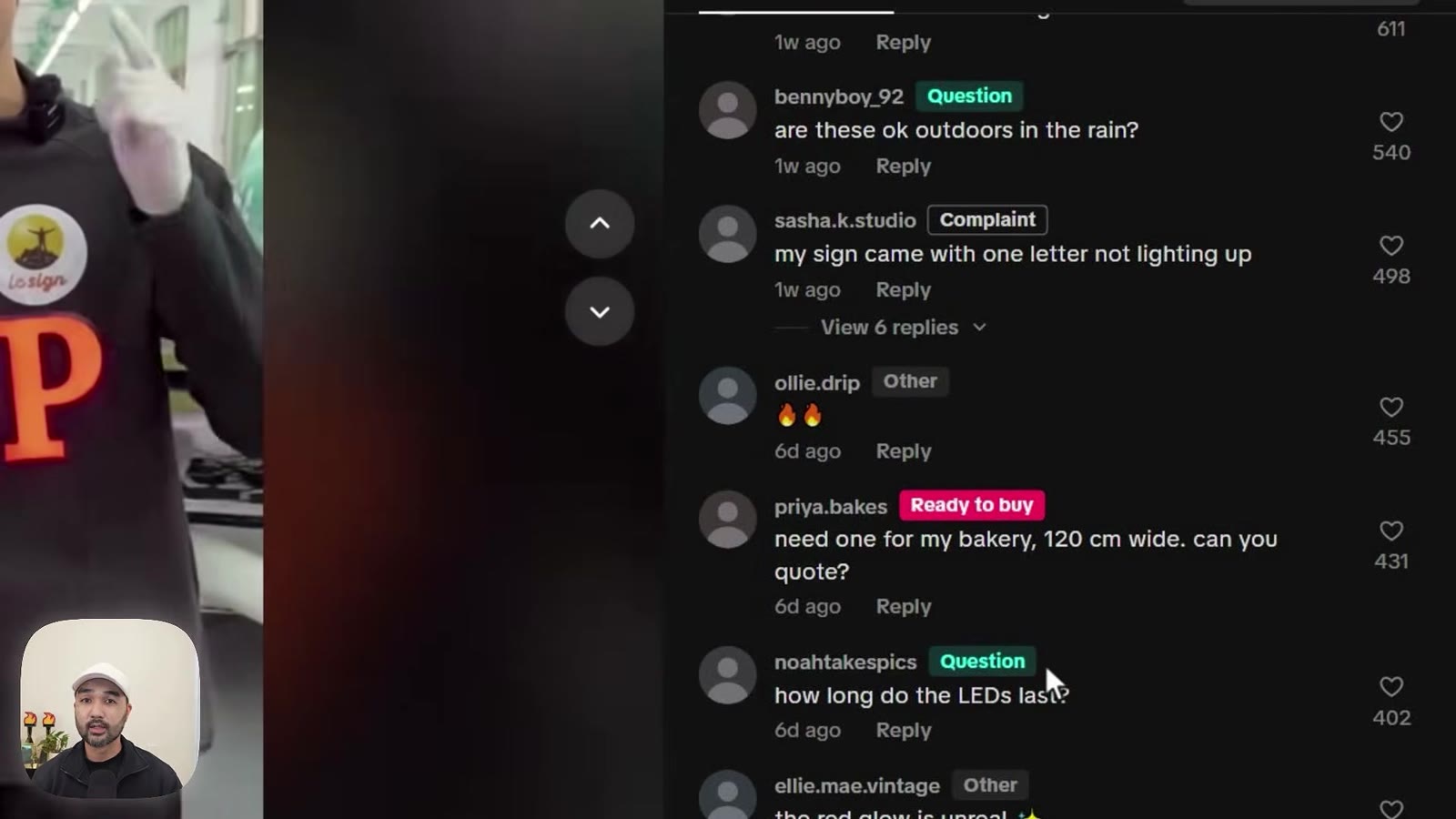 TikTok comments tagged Ready to buy, Question, Complaint and Other