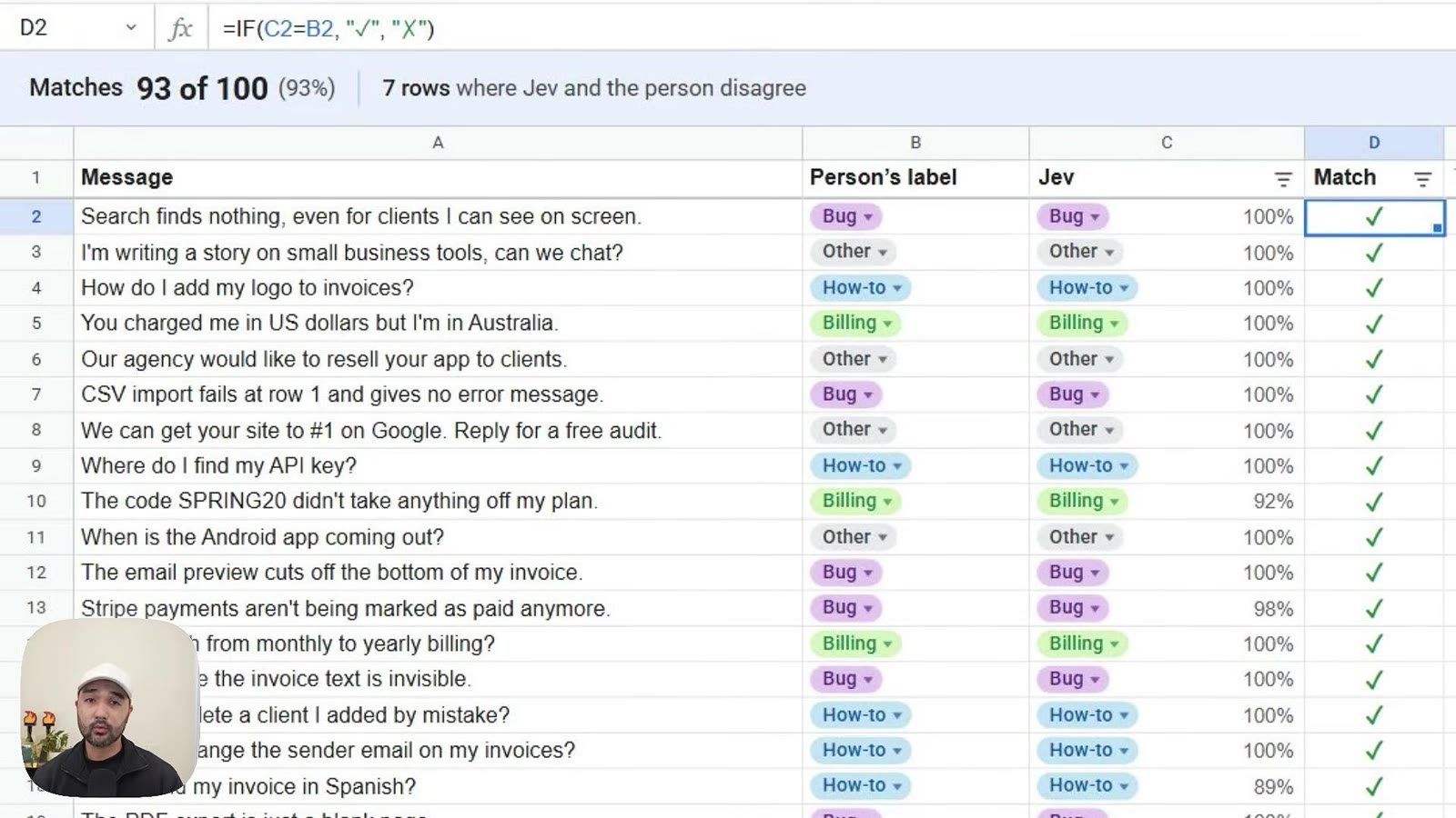 A sheet with Message, Person's label, Jev and Match columns reading Matches 93 of 100