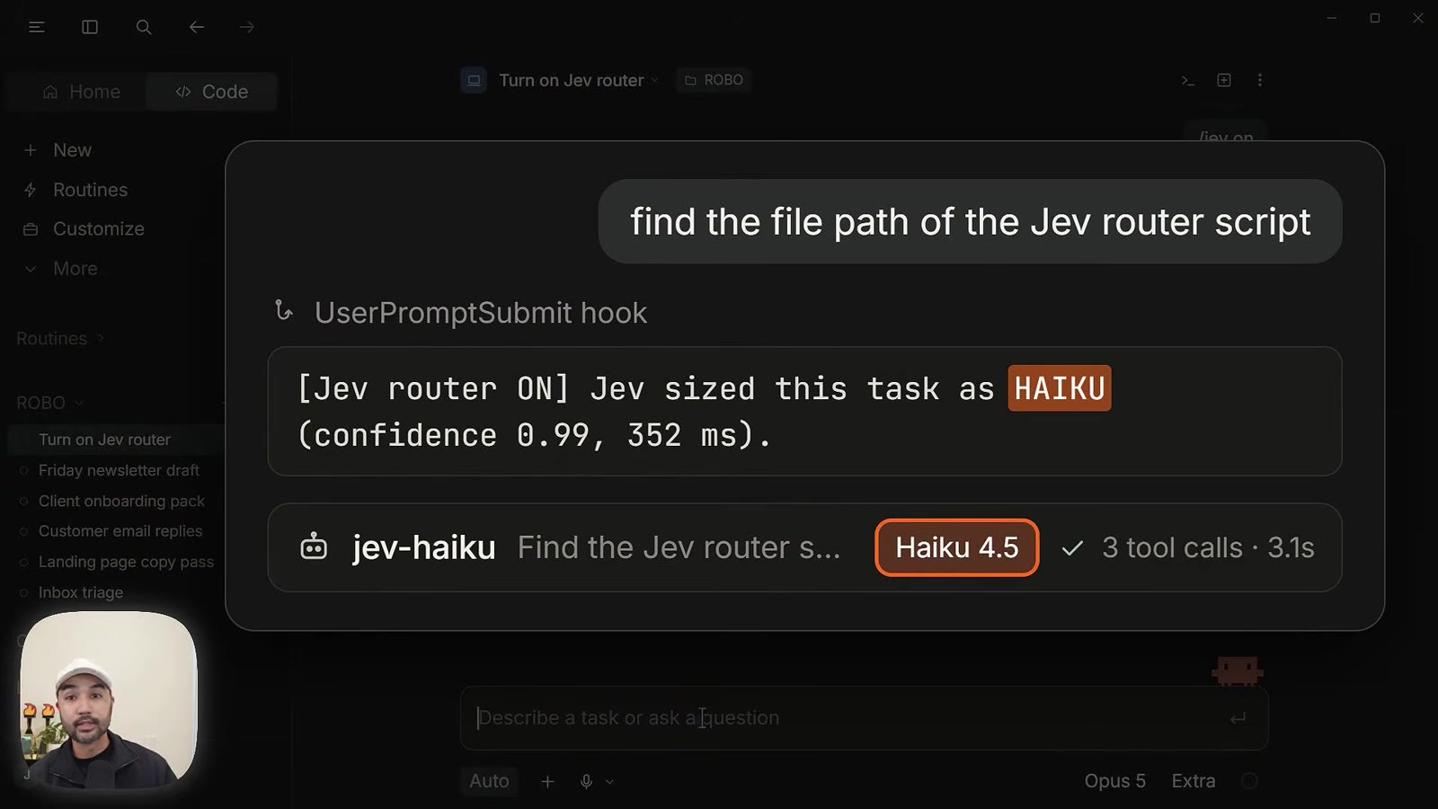Claude session: Jev router sized the find-file-path task as HAIKU with confidence 0.99 in 352 ms