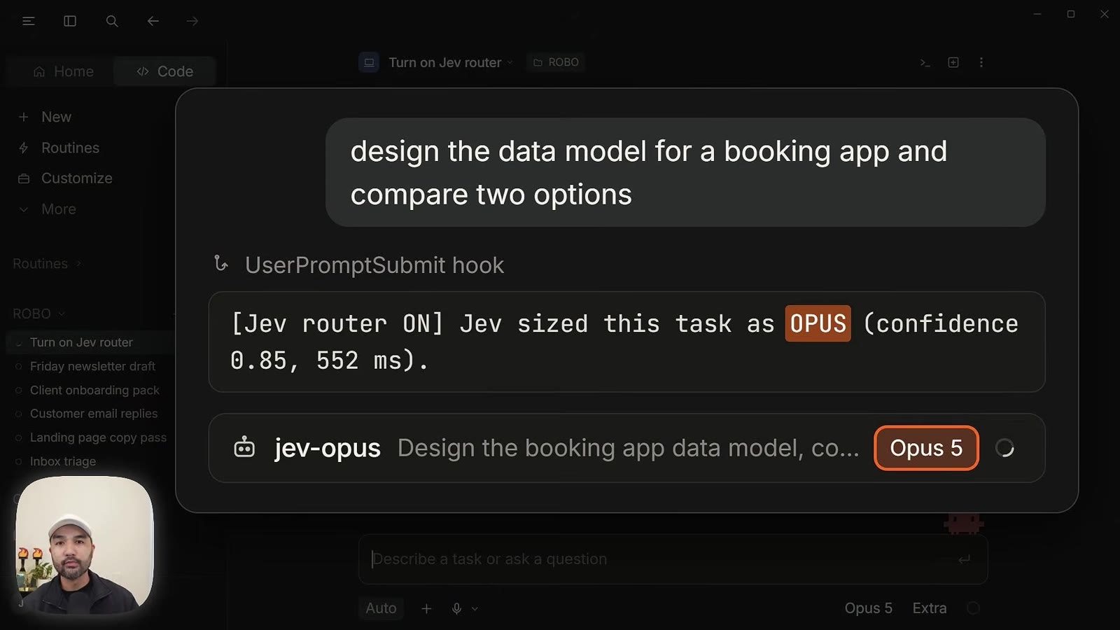 Claude session: Jev router sized the booking-app data-model task as OPUS with confidence 0.85 in 552 ms