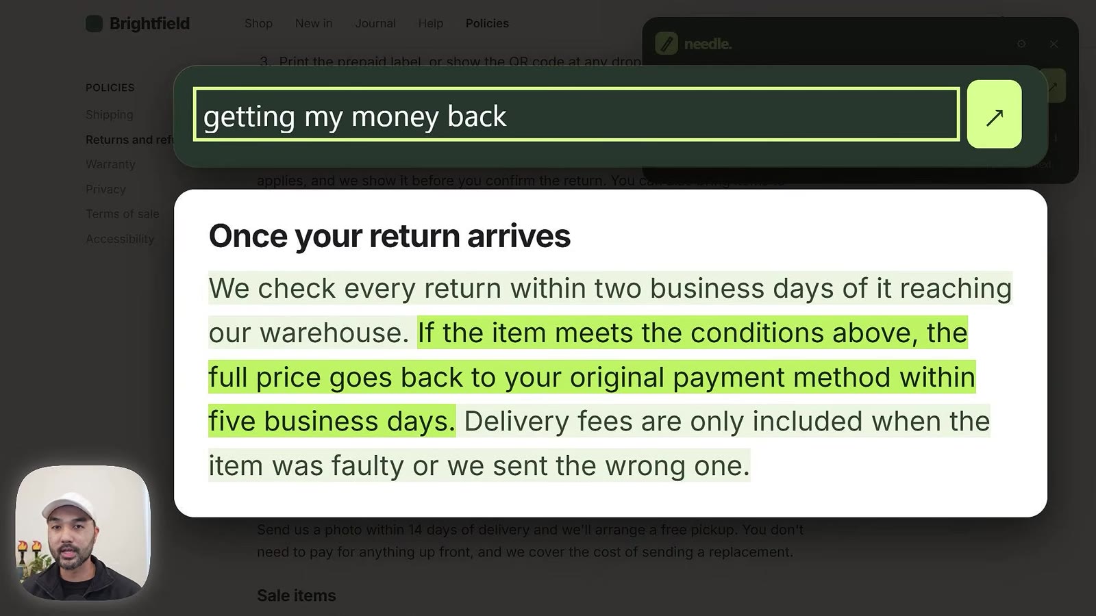 A find box with the query getting my money back and the refund paragraph highlighted