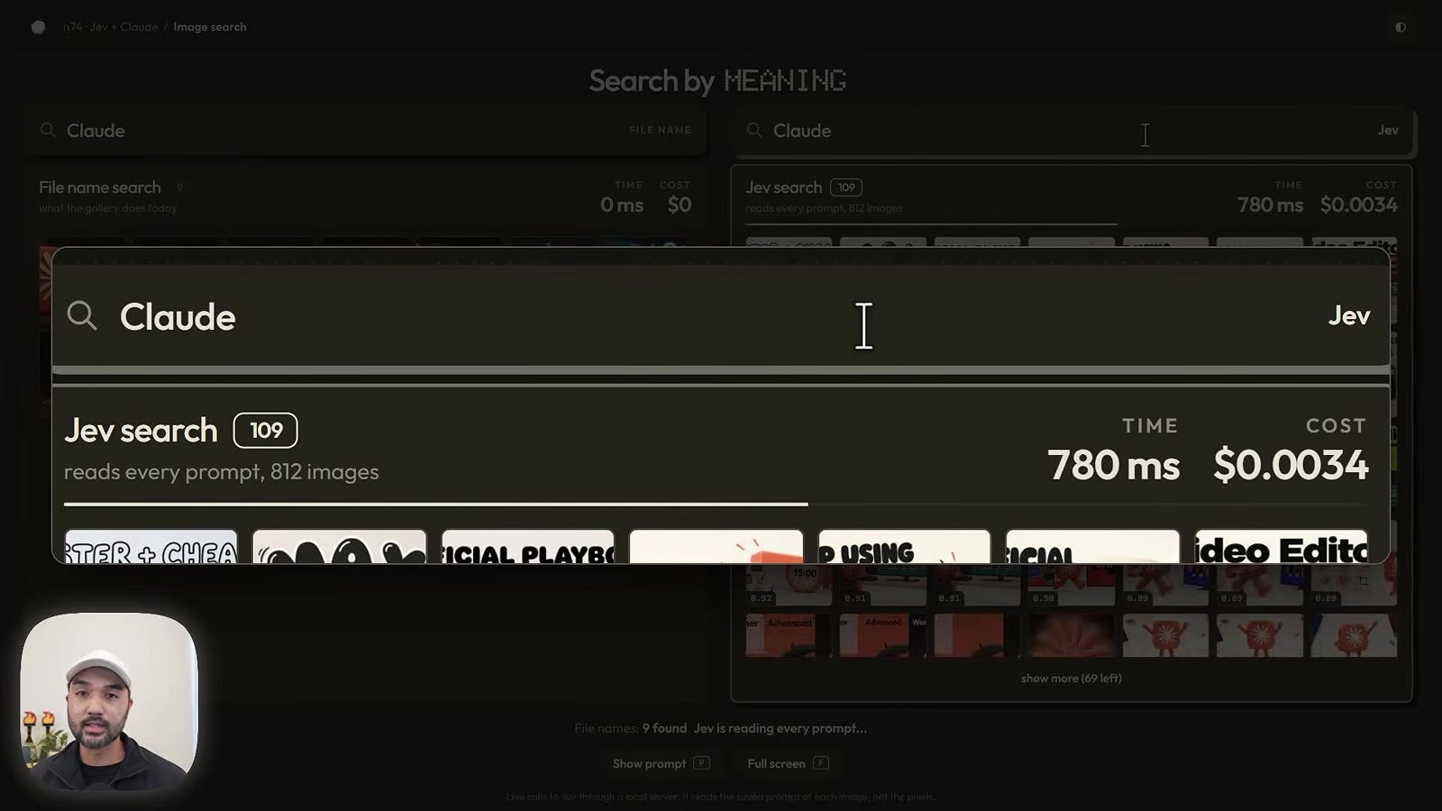 Search by meaning panel: Jev search for Claude, 109 results, 780 ms, $0.0034