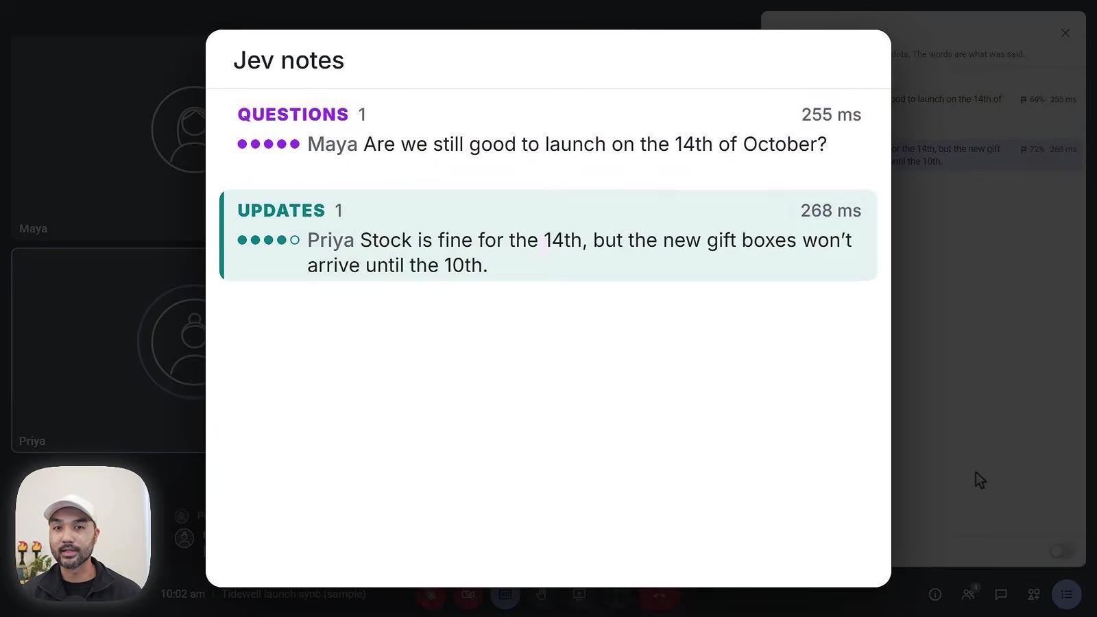 A Jev notes panel sorting meeting sentences under Questions and Updates with timings around 255 to 268 ms