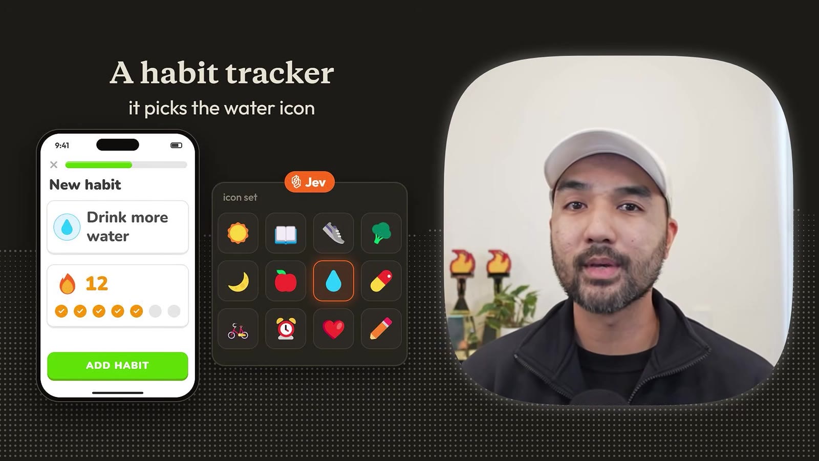 A habit tracker where typing Drink more water selects the water-drop icon