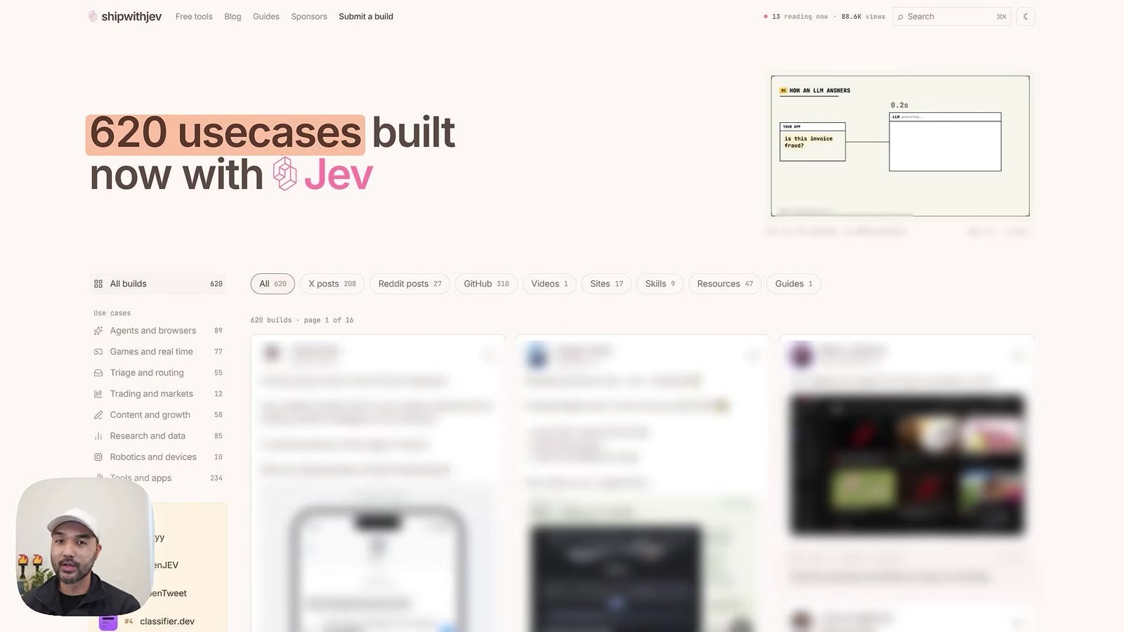 The shipwithjev.com site headed 620 usecases built now with Jev