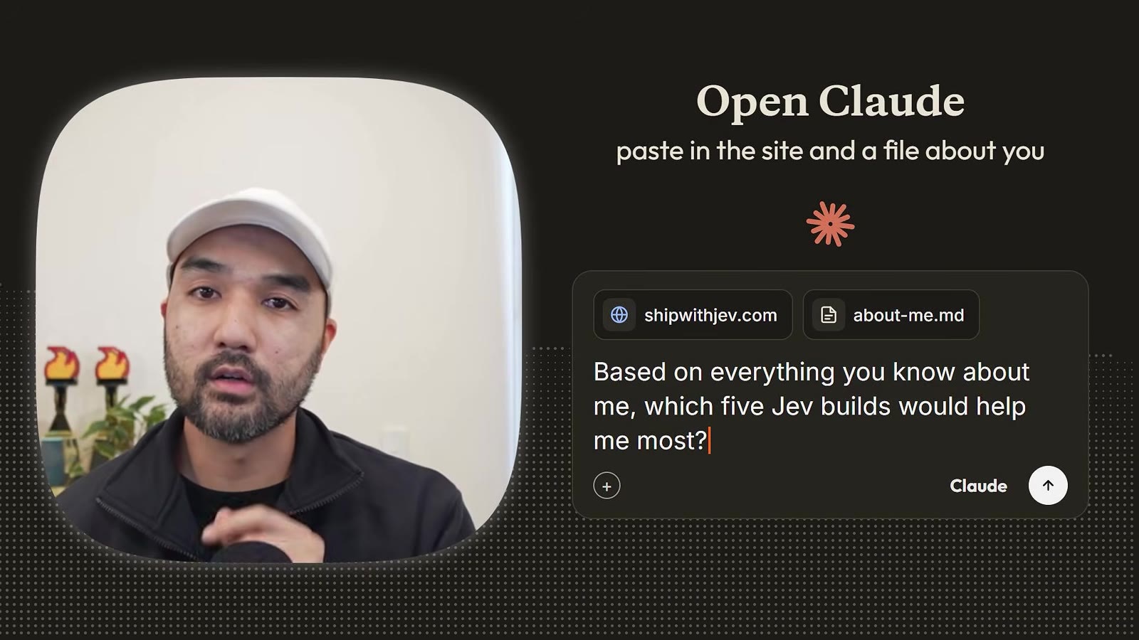 Prompt card with shipwithjev.com and about-me.md attached
