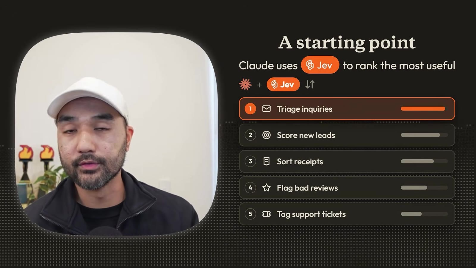 Claude uses Jev to rank the most useful use cases: Triage inquiries first, then Score new leads, Sort receipts, Flag bad reviews, Tag support tickets