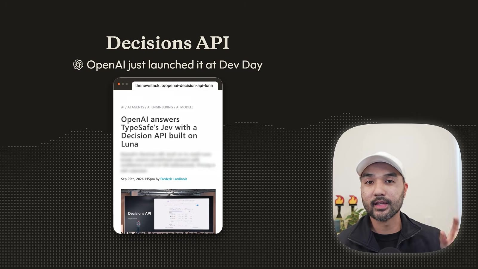 Card titled Decisions API, OpenAI just launched it at Dev Day, over a news clipping
