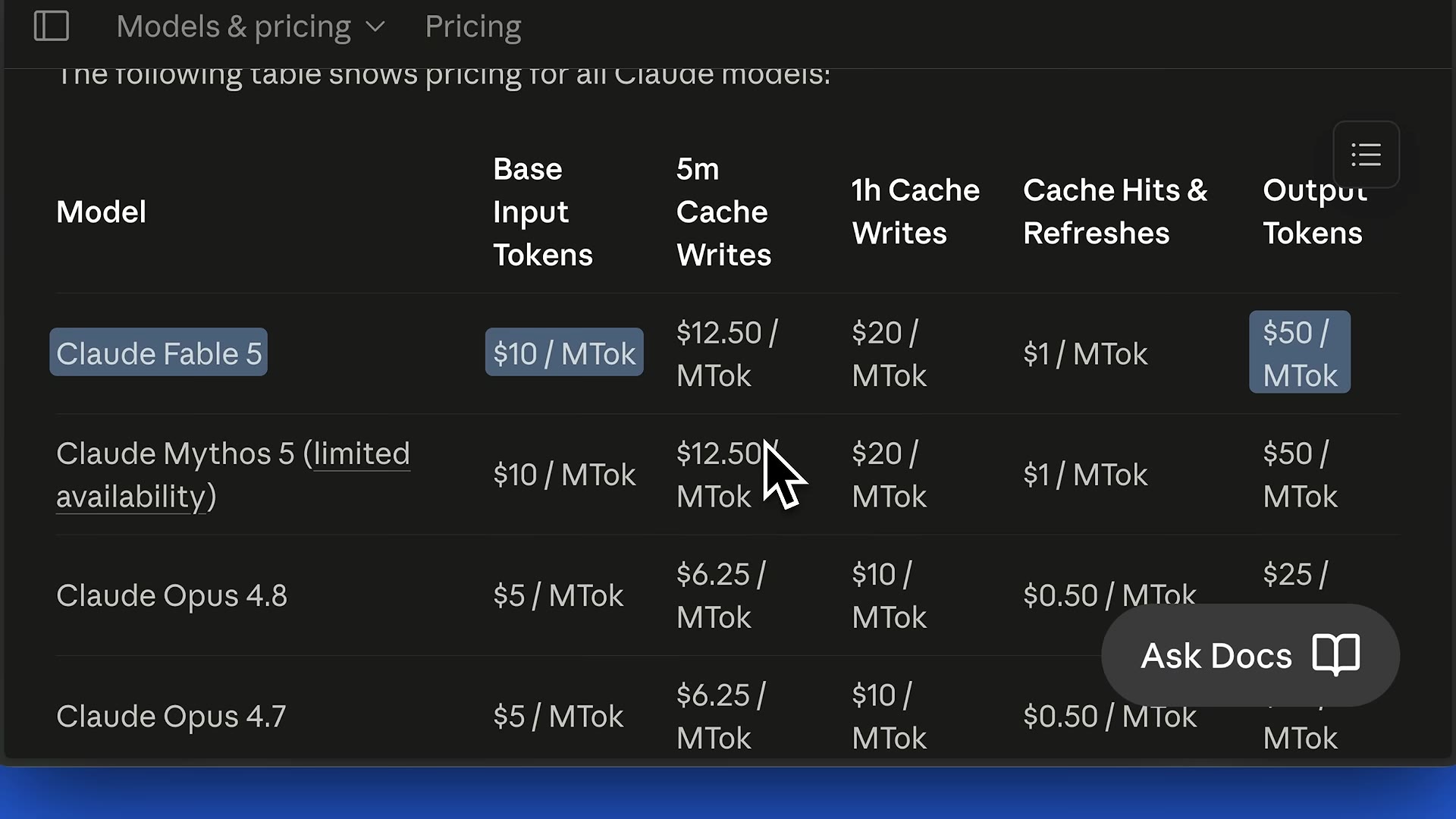 Anthropic pricing docs table: Claude Fable 5 $10/MTok input and $50/MTok output (highlighted); Claude Opus 4.8 $5 input / $25 output.