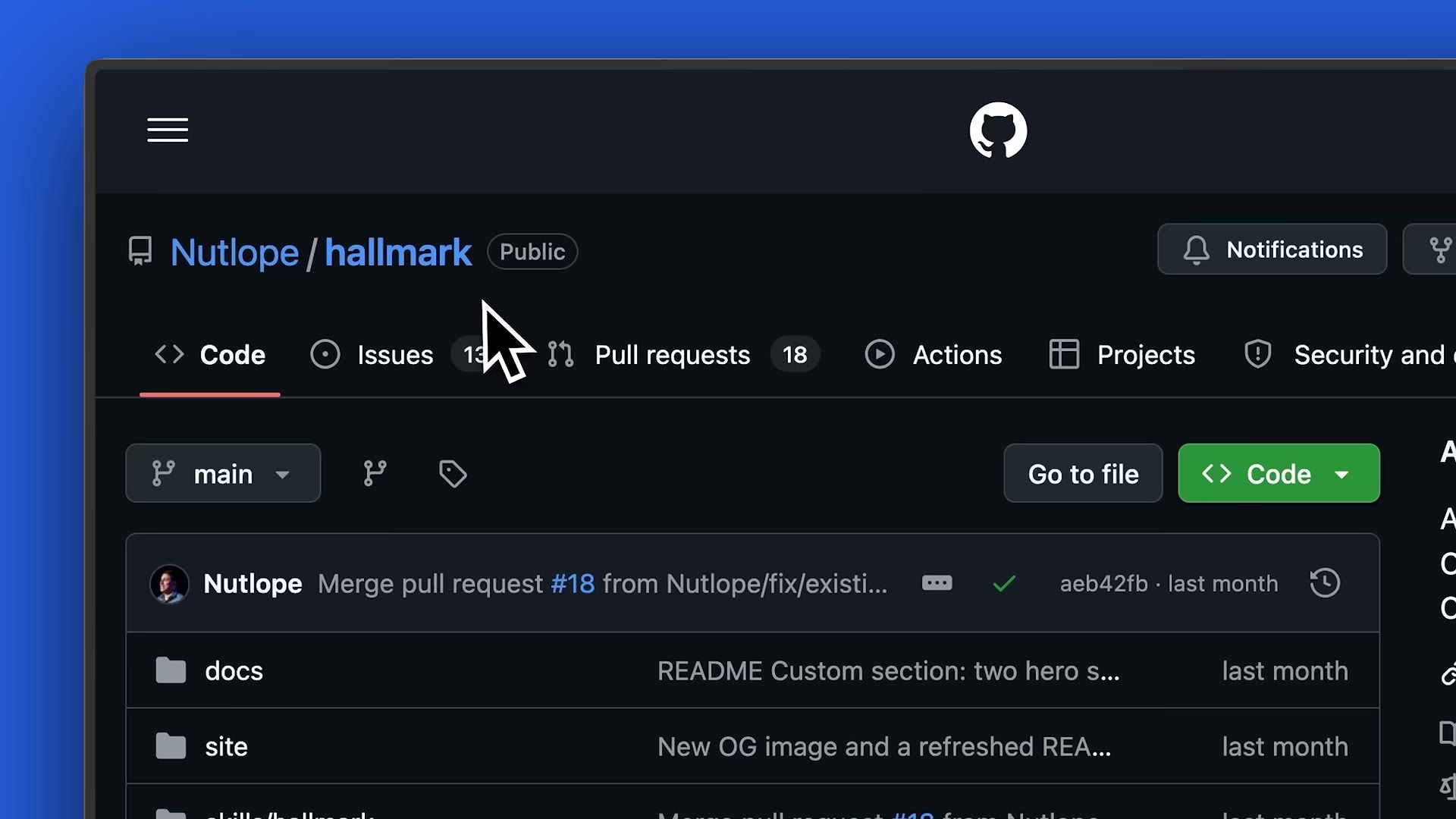 GitHub repo Nutlope/hallmark (public), with docs/, site/, and skills/hallmark folders; 18 pull requests.