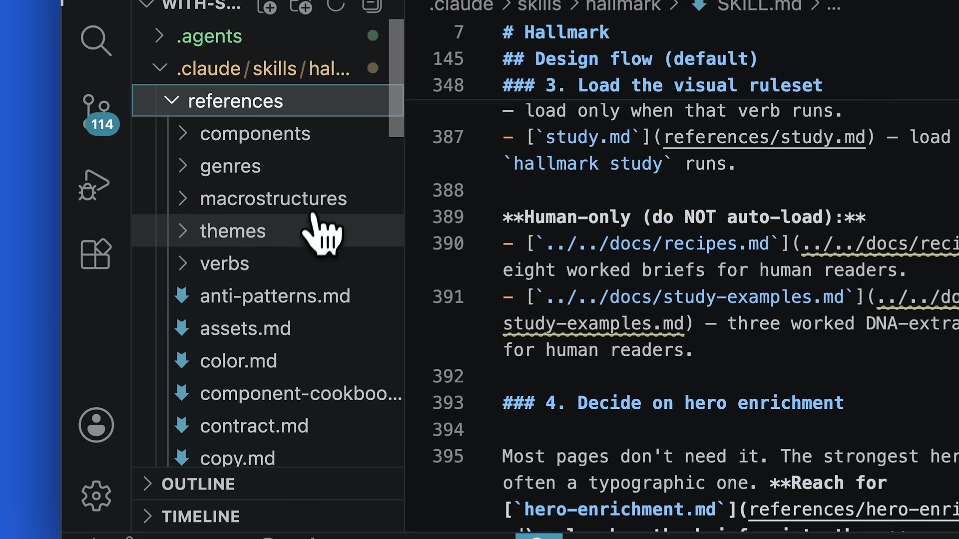 VS Code showing .claude/skills/hallmark/references/ with subfolders components, genres, macrostructures, themes, verbs, and files anti-patterns.md, assets.md, color.md, contract.md, copy.md; SKILL.md open on the right.
