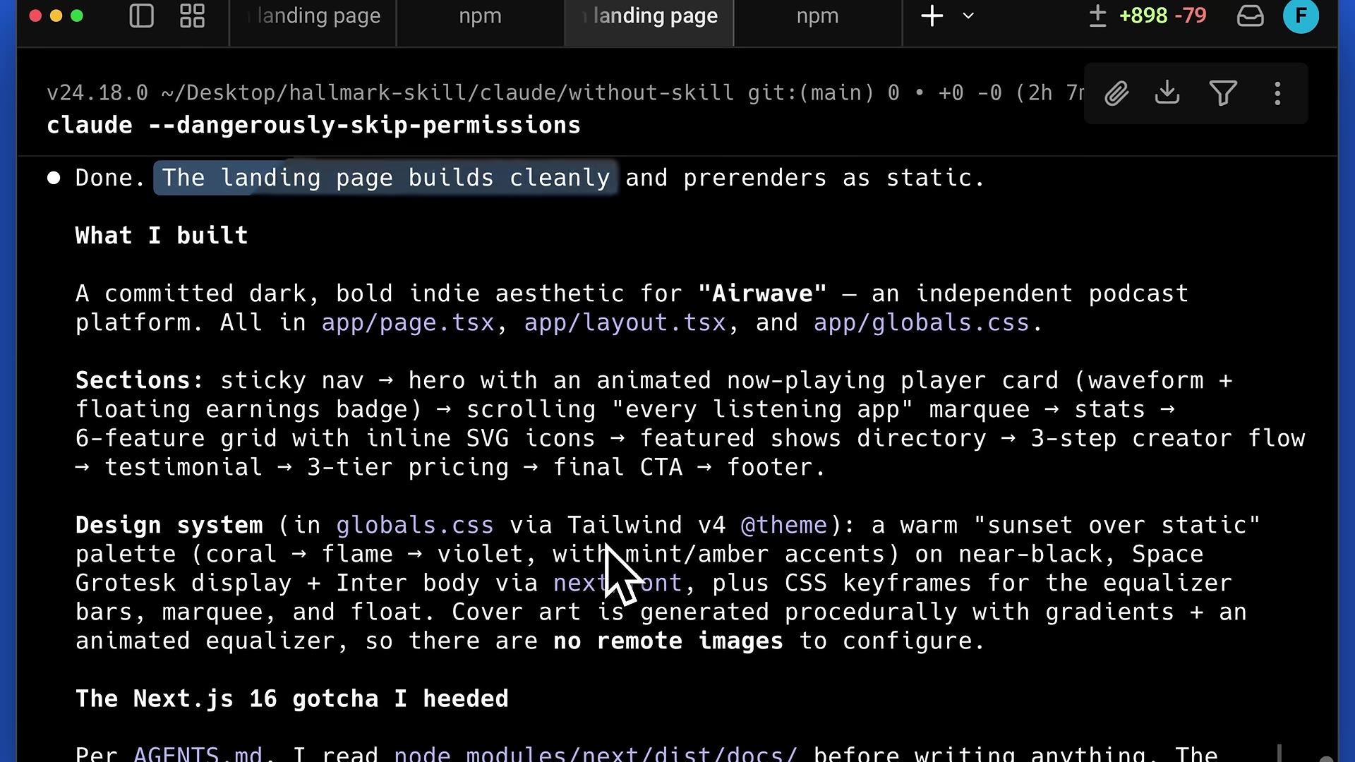Terminal summary of the Opus-4.8-without-skill build for "Airwave": a warm "sunset over static" palette (coral → flame → violet, mint/amber accents) on near-black, Space Grotesk + Inter, procedurally generated cover art with gradients.