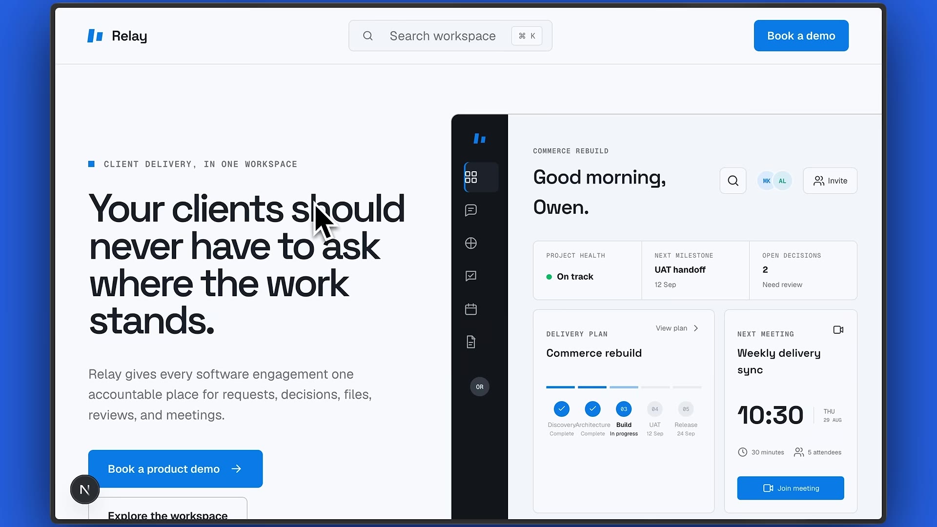 Codex with Hallmark: a "Relay" client-delivery SaaS landing page, "Your clients should never have to ask where the work stands.", technical blue/white/black with an embedded project dashboard mockup.