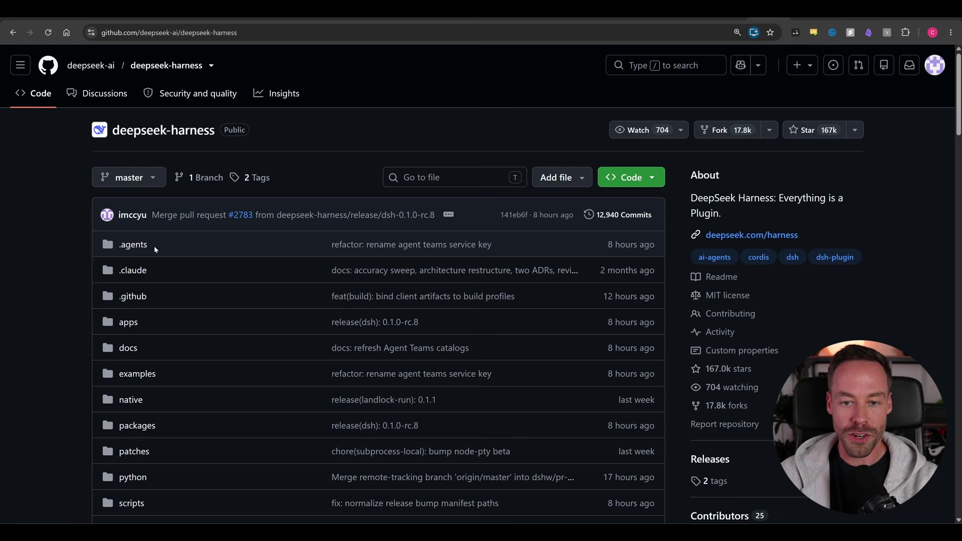 DeepSeek Harness GitHub repository page showing 167k stars, 17.8k forks, and topic tags including ai-agents, cordis, dsh, and dsh-plugin