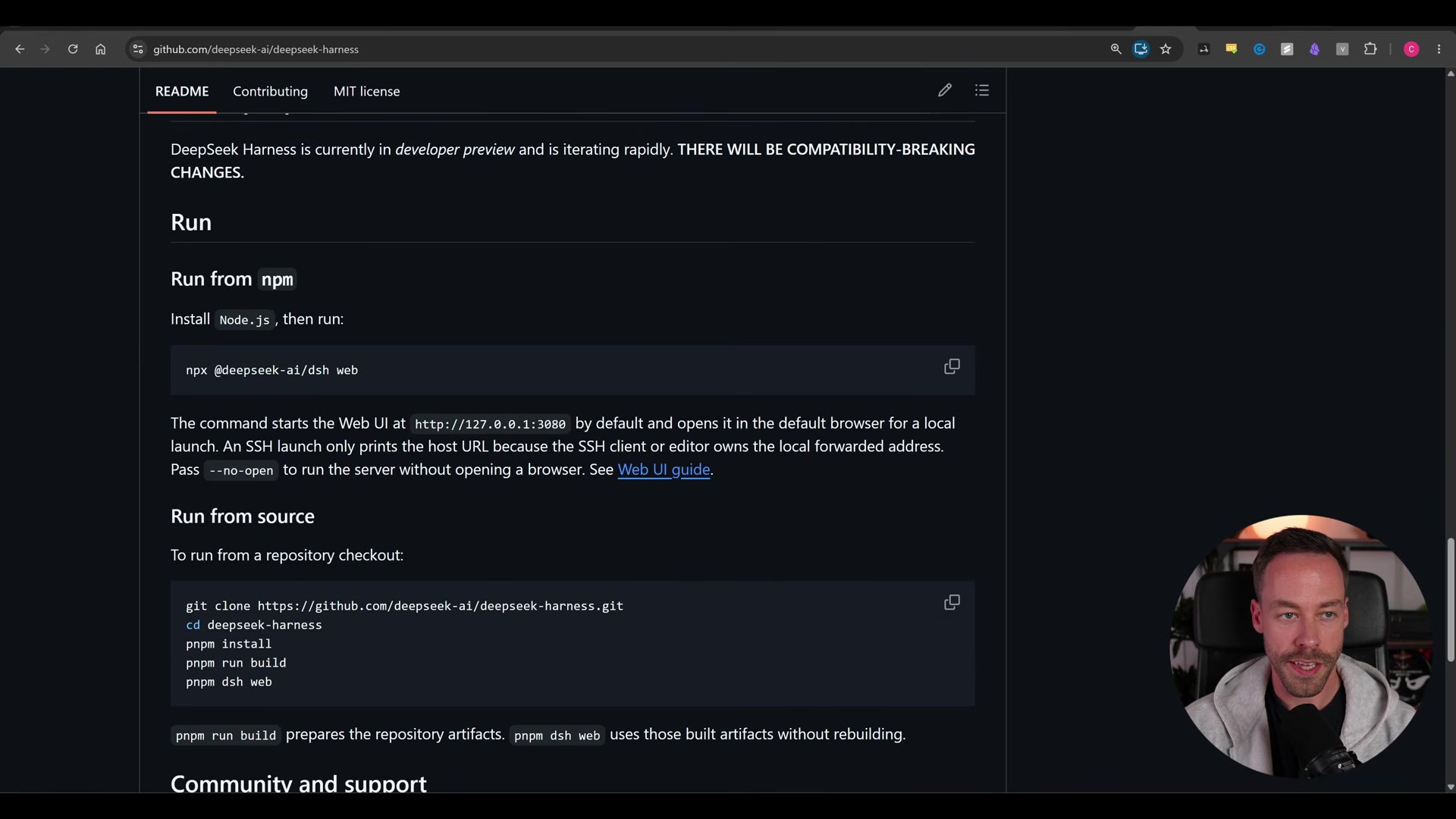DeepSeek Harness README showing the npx install command and the source-checkout alternative (git clone, pnpm install/build/run)