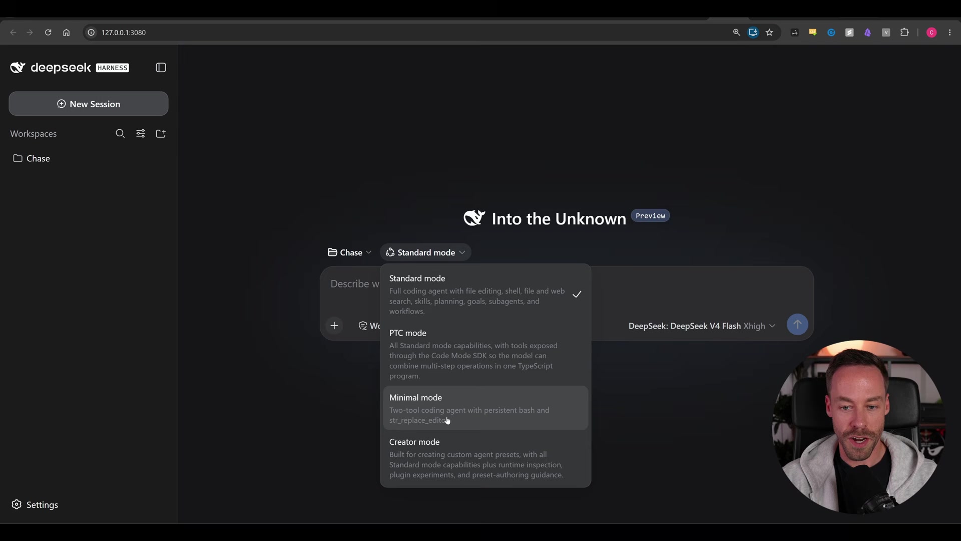 DeepSeek Harness mode-selector dropdown showing the full descriptions for Standard, PTC, Minimal, and Creator mode