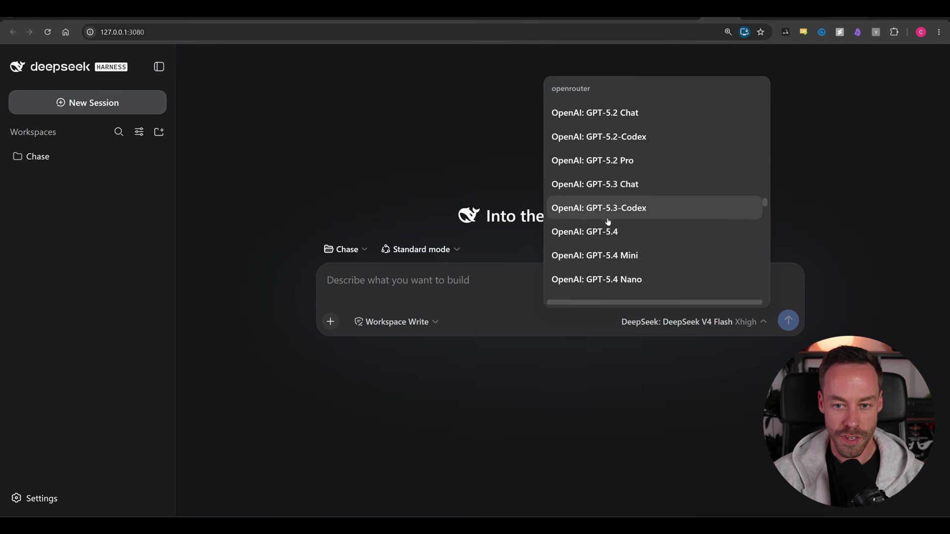 Model/provider picker showing OpenRouter as the selected provider with a scrollable list of OpenAI GPT-5.x models