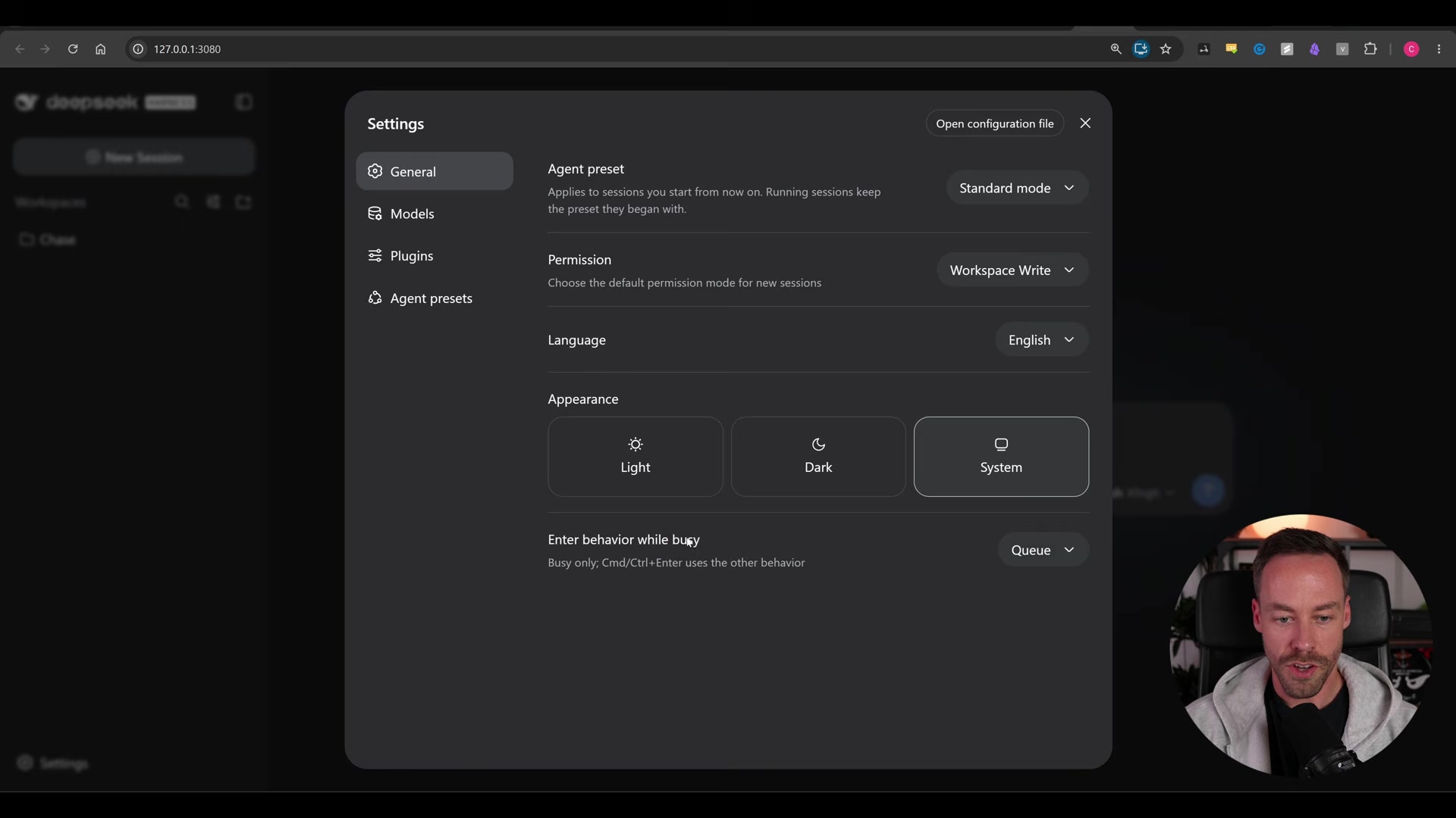 Settings > General panel showing Agent preset, Permission (Workspace Write), Language, Appearance, and the Enter-behavior-while-busy setting