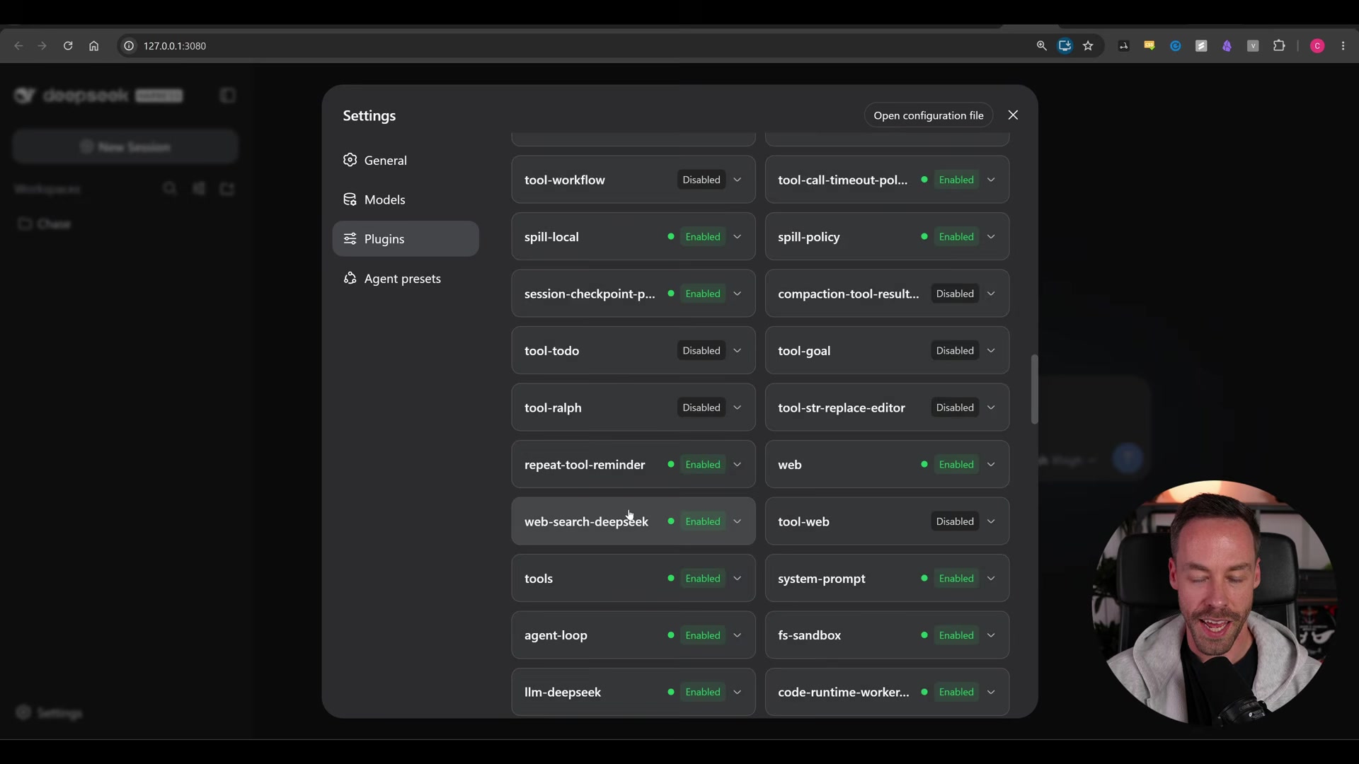 Settings > Plugins list showing over a dozen toggleable plugins including tool-workflow, spill-local, session-checkpoint, tool-todo, web, web-search-deepseek, tools, system-prompt, agent-loop, fs-sandbox, and llm-deepseek
