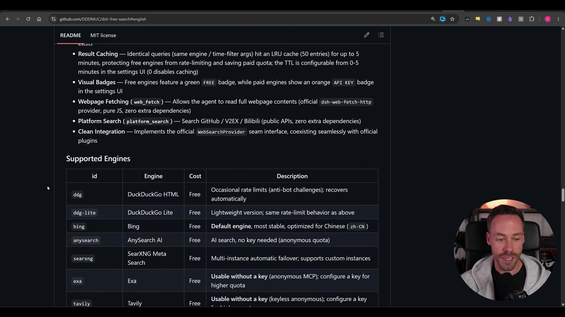 dsh-free-search README "Supported Engines" table listing DuckDuckGo HTML, DuckDuckGo Lite, Bing (default), AnySearch AI, SearXNG, Exa, and Tavily, each marked Free with usage notes