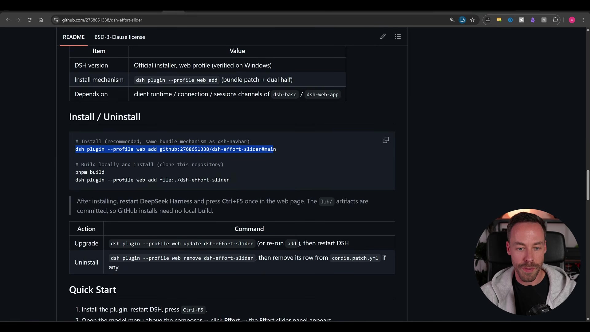 dsh-effort-slider README showing the install command (dsh plugin --profile web add github:2768651338/dsh-effort-slider#main), the build-from-source alternative, and upgrade/uninstall commands referencing cordis.patch.yml