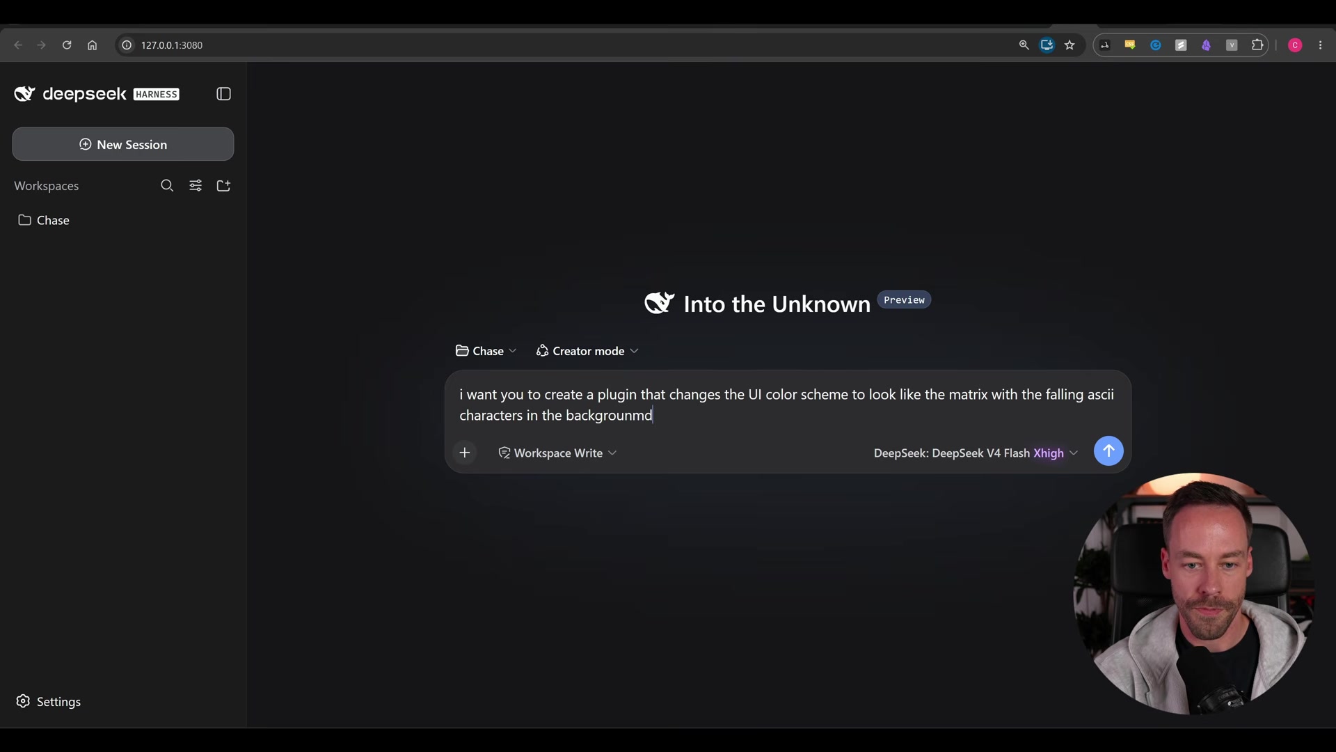 Creator-mode prompt box showing the typed request: "i want you to create a plugin that changes the UI color scheme to look like the matrix with the falling ascii characters in the background"