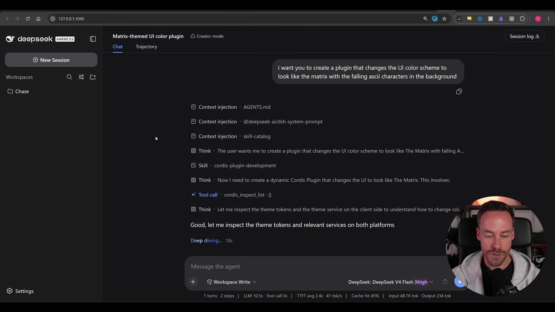 Chat transcript showing labeled Context injection rows, a Think reasoning bubble, a Skill call to cordis-plugin-development, a Tool call to cordis_inspect_list, and a bottom stats bar reading "1 turns - 2 steps - LLM 10.5s - Cache hit 45% - Input 48.7K tok - Output 234 tok"