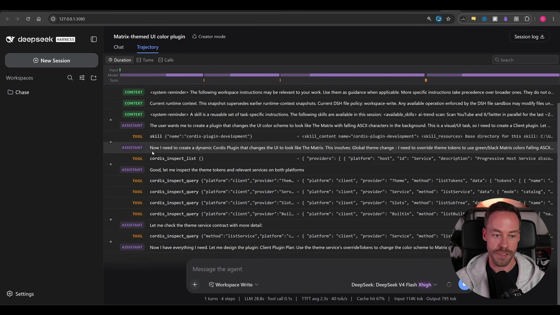 Trajectory tab: full timeline view (Duration/Turns/Calls tabs) with rows for CONTEXT, ASSISTANT, and TOOL entries including multiple cordis_inspect_query calls