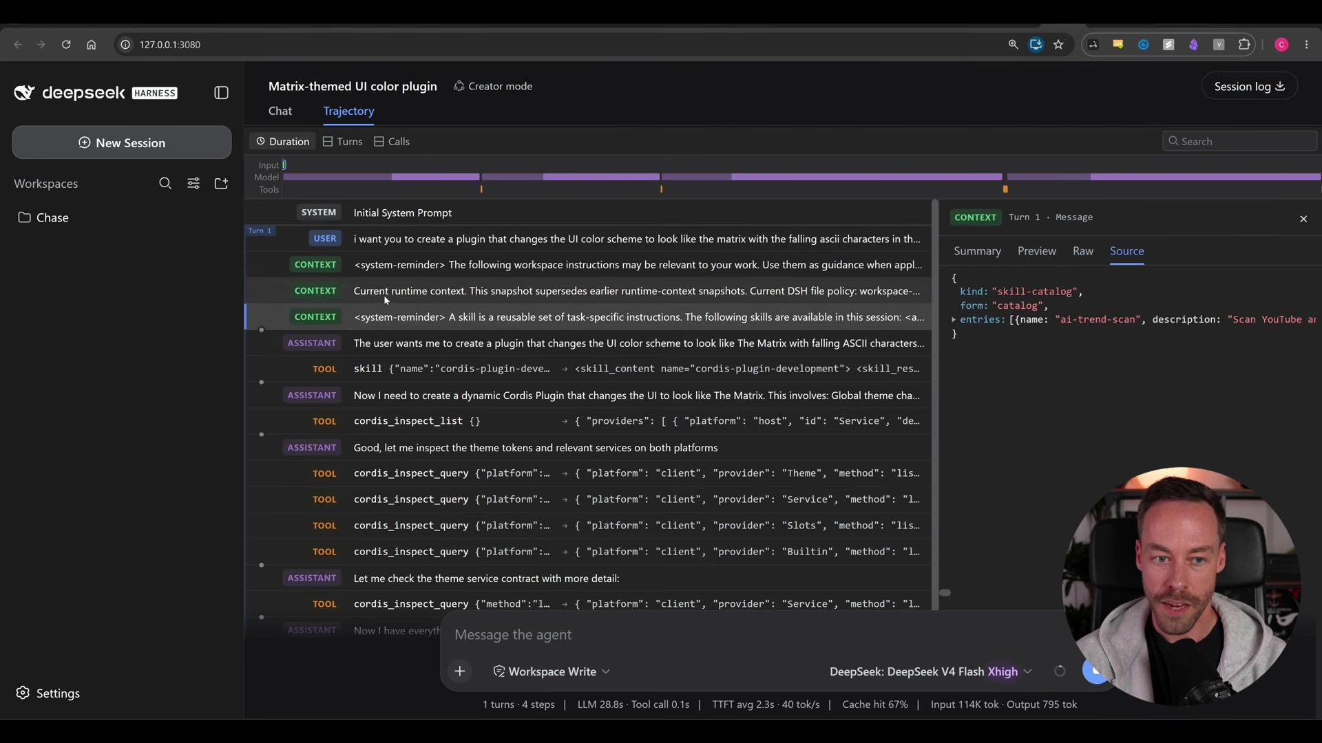 Trajectory detail panel for a CONTEXT row, showing Summary/Preview/Raw/Source tabs with the raw JSON source of a skill-catalog context injection visible