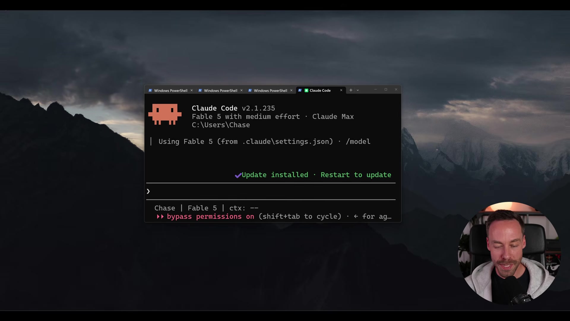 Split-away shot of the reviewer's own Claude Code terminal (Windows PowerShell/Claude Code tab), showing "Claude Code v2.1.235, Fable 5 with medium effort, Claude Max"