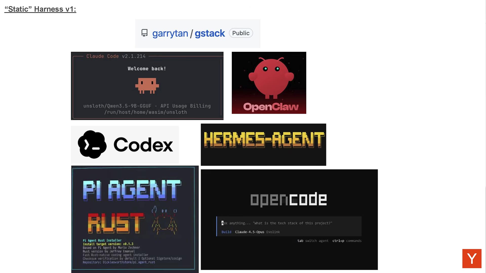 Static Harness V1 logos slide showing gstack, Claude Code on unsloth Qwen3.5, OpenClaw, Codex, Hermes-Agent, Pi Agent Rust, and opencode