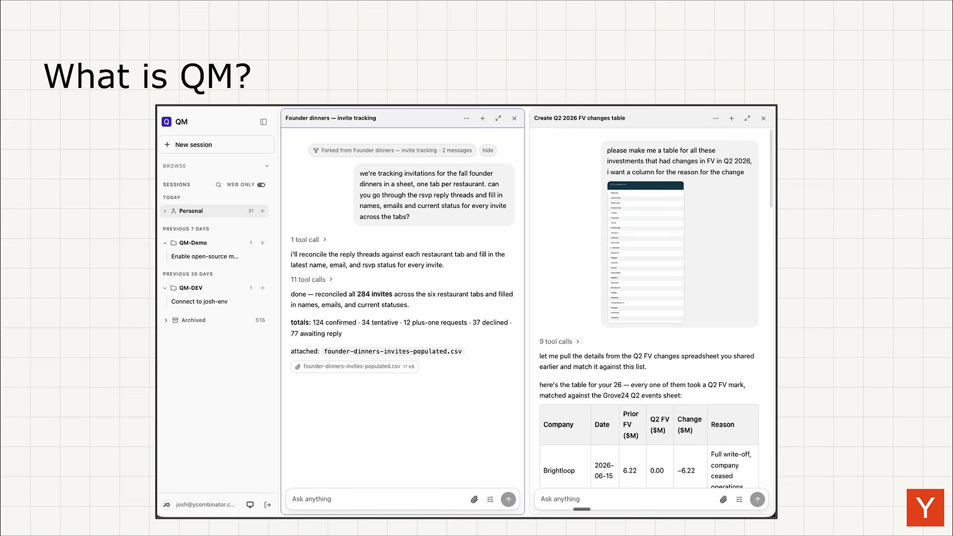 Slide "What is QM?" showing the QM app: a sessions sidebar and two chat panels reconciling 284 dinner invites and building a Q2 fair-value changes table