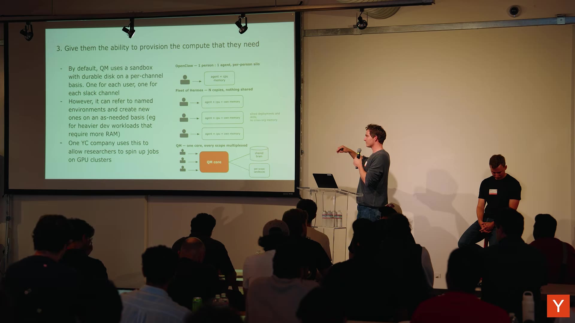 Slide "3. Give them the ability to provision the compute that they need" contrasting OpenClaw per-person silos and a fleet of Hermes (N copies, nothing shared) with QM's one core, every scope multiplexed into a shared brain and per-scope sandboxes