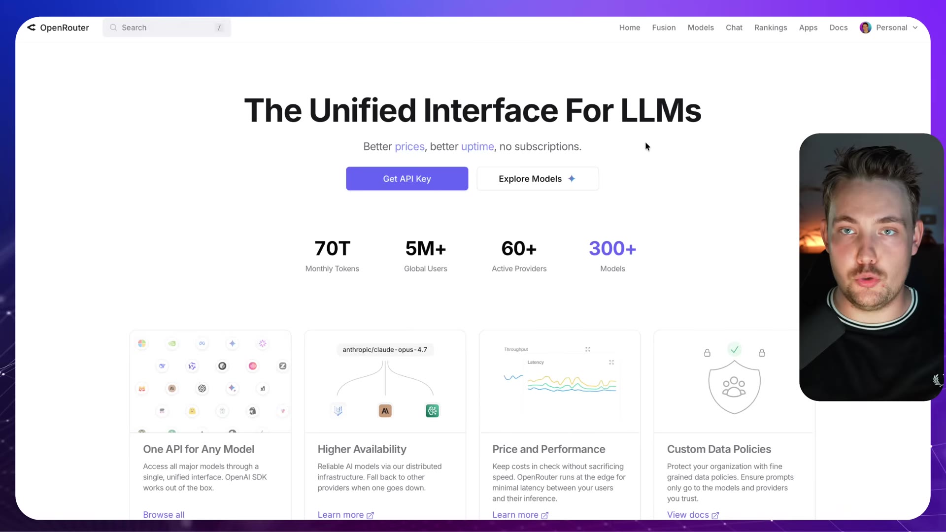 OpenRouter homepage titled The Unified Interface For LLMs with stats and feature cards