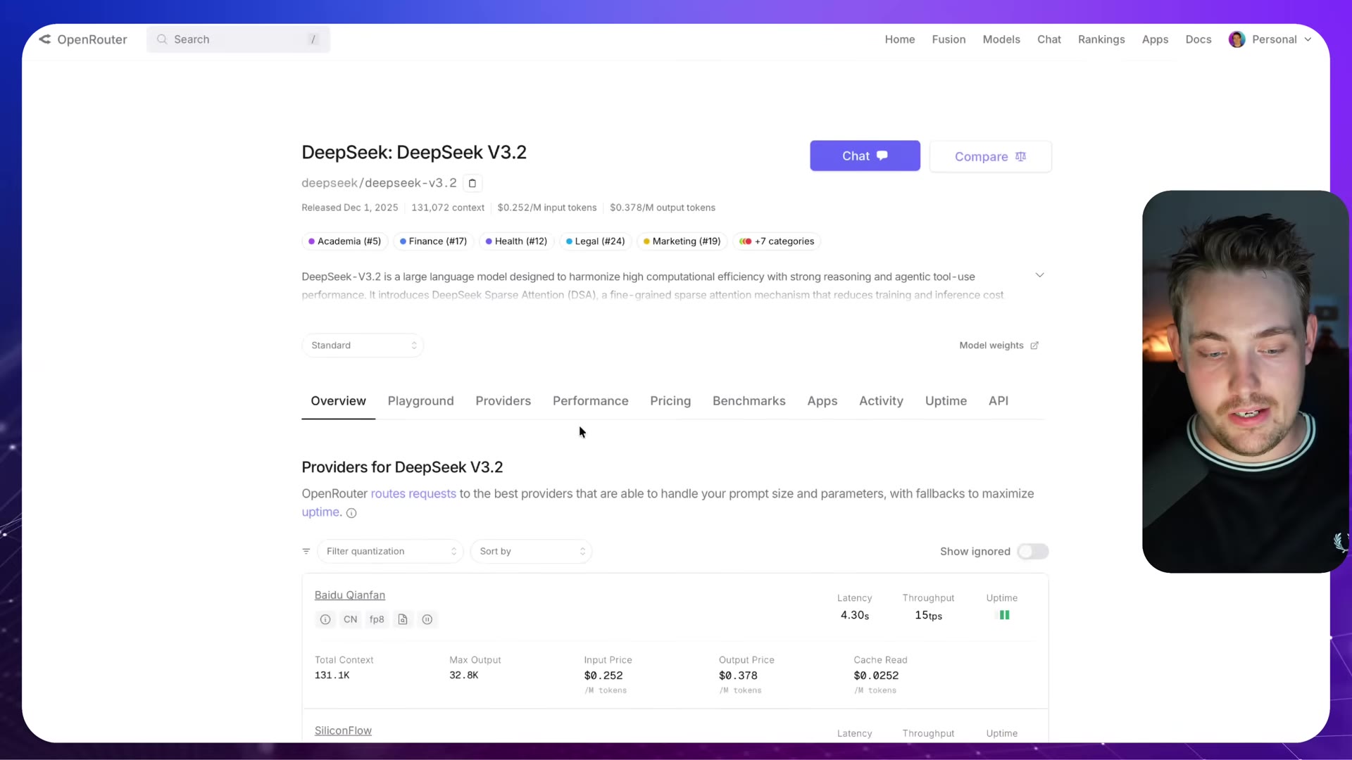 DeepSeek V3.2 model page with metadata and providers section