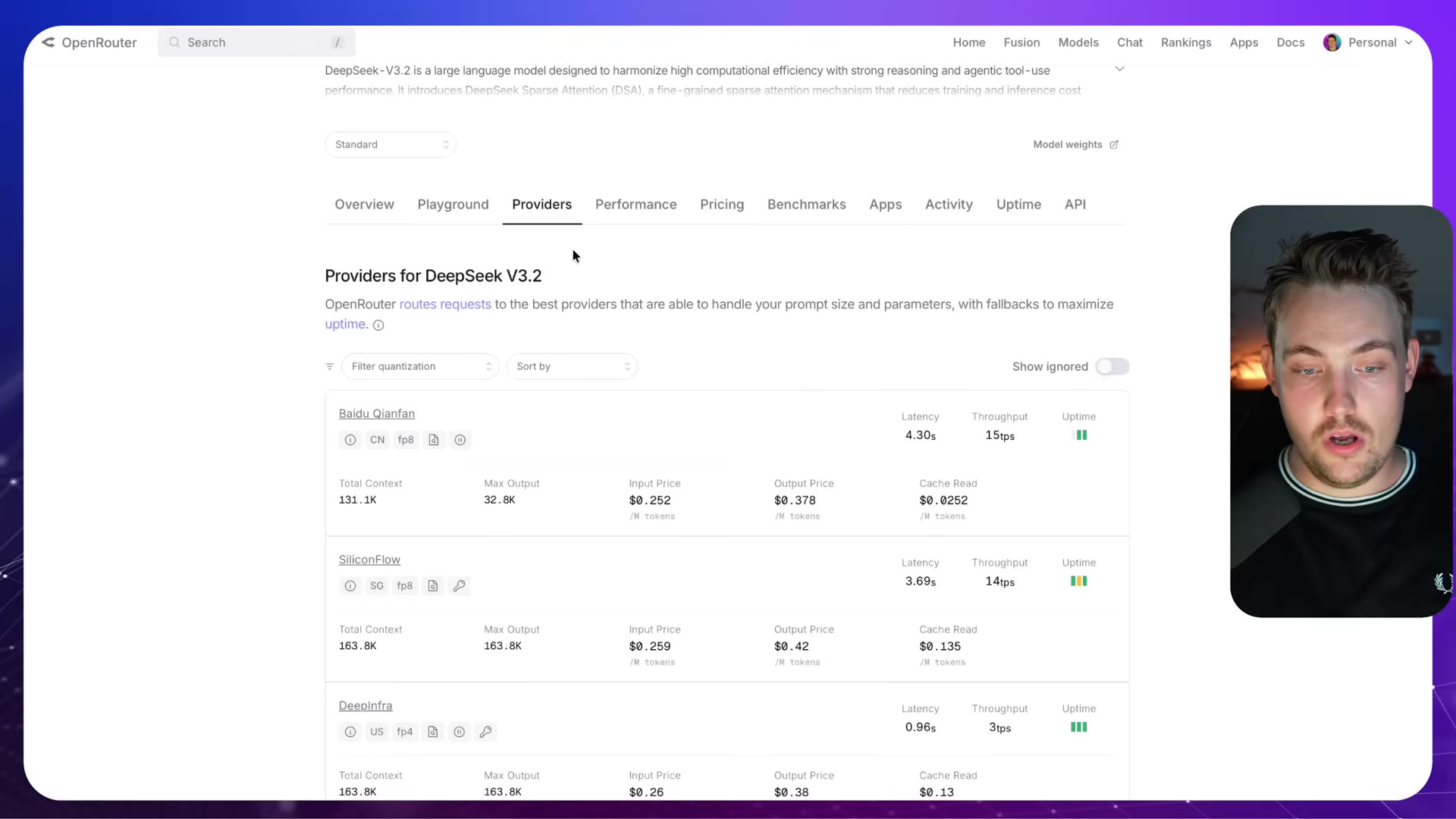 Providers tab for DeepSeek V3.2 showing Baidu Qianfan, SiliconFlow, DeepInfra stats