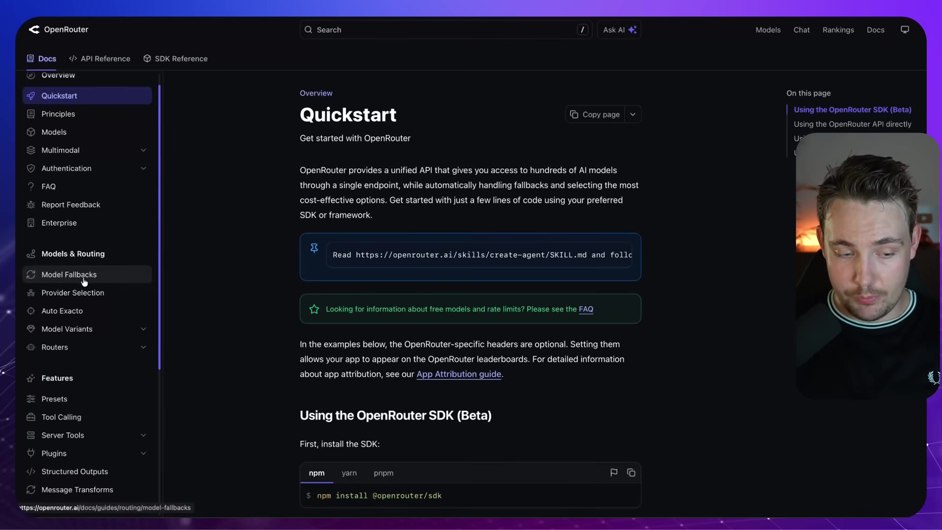 Docs quickstart page with Model Fallbacks in the sidebar and npm install command