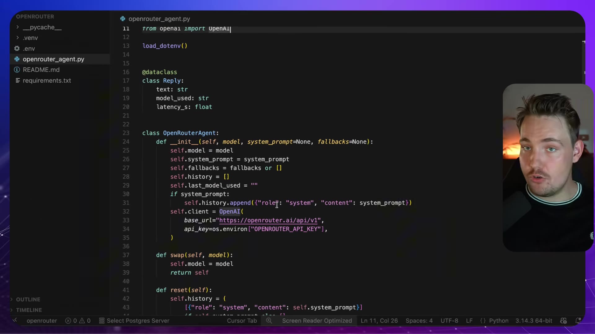 Code: imports with from openai import OpenAI, load_dotenv, Reply dataclass, init