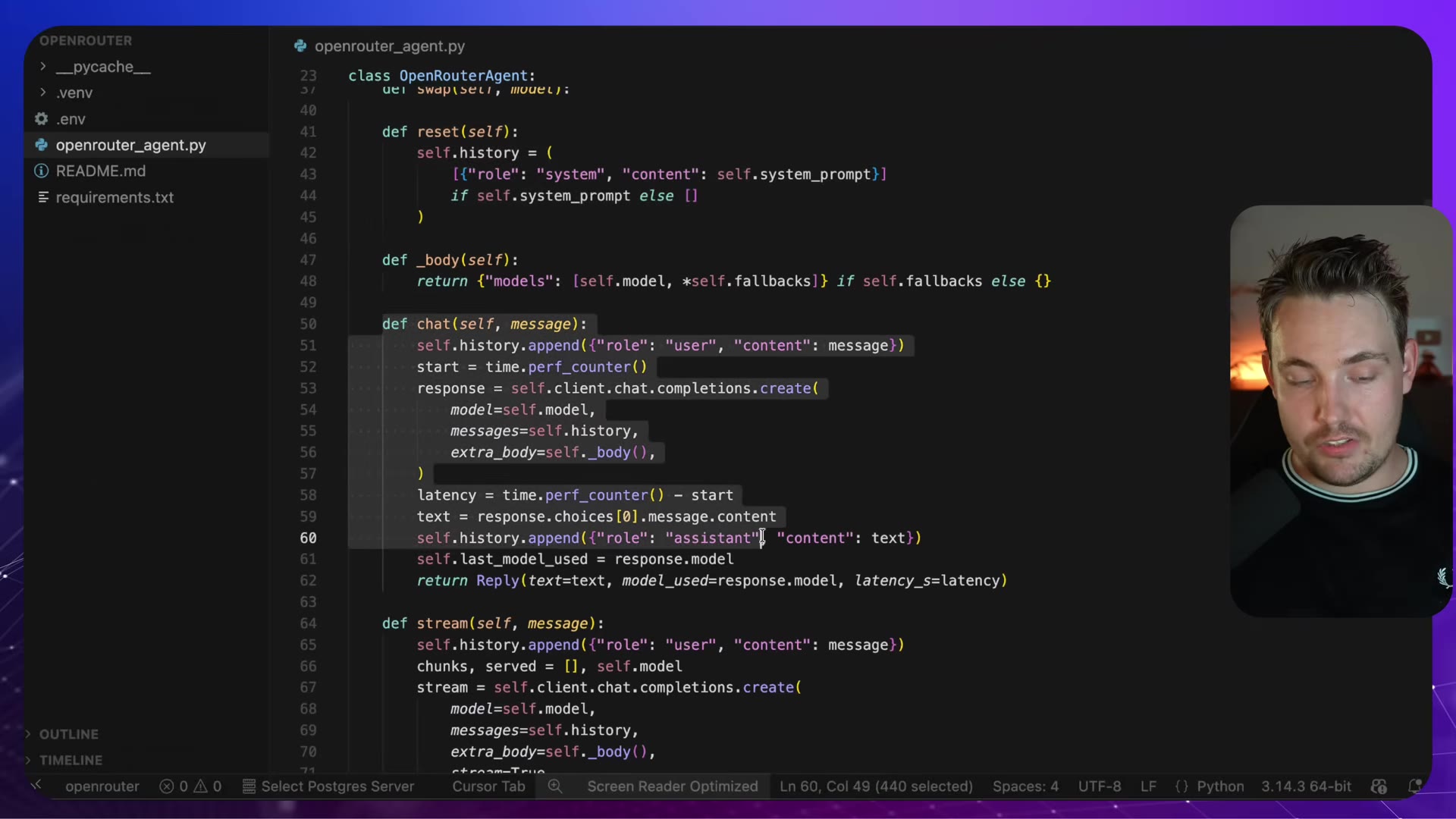 Code: chat method with completions.create, extra_body, latency, Reply return