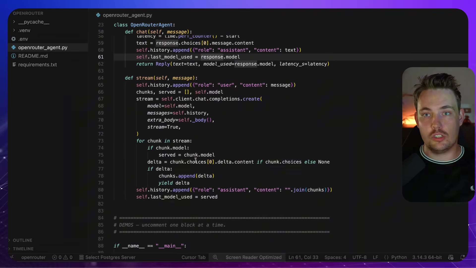 Code: stream method with stream=True, chunk loop, yield delta